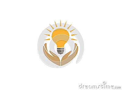 Hands holding a lamp with beam to save energy for logo design illustration Cartoon Illustration