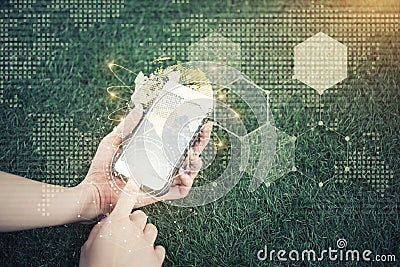 Hands holding mobile with future digital connection technology i Stock Photo