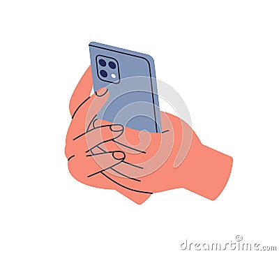Hands holding mobile phone. Back side, panel of smartphone with cameras for taking photo. Using cellphone, telephone Vector Illustration