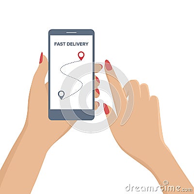 Hands holding mobile phone with tracker of delivery. Fast delivery. Flat vector illustration. Vector Illustration