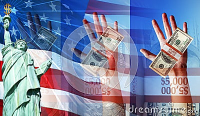 Hands Holding Money and The American Flag and Statue of Liberty Stock Photo