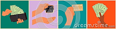 Hands holding Money, credit card, wallet vector. Vector Illustration