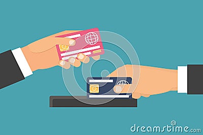 Hands holding money, plastic card. Exchange, Vector Illustration