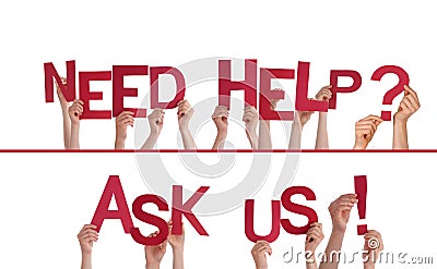 Hands Holding Need Help, Ask Us Stock Photo