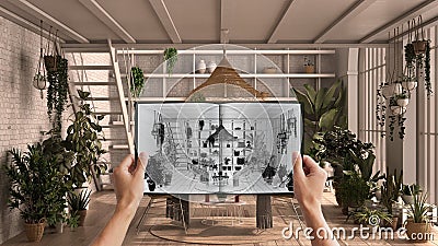 Hands holding notepad with modern conservatory design blueprint sketch or drawing. Real interior design project background. Before Stock Photo