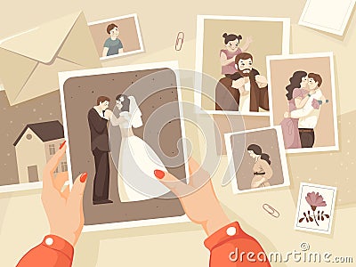 Hands holding old photographs. Woman watching memories retro photo for vintage family photoalbum, memory loving emotions Cartoon Illustration