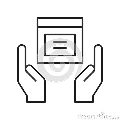 Hands holding parcel box icon, protect your goods, delivery shop Vector Illustration