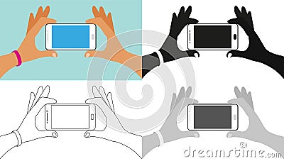 Hands holding the phone, icon set, full color, outline, silhouette, grayscale. Element for instruction, concept for Vector Illustration