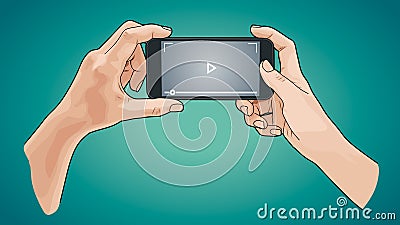 Hands holding phone, sketch style. Vector Illustration