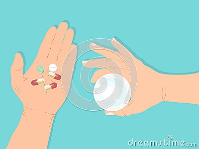 Hands holding pills vector illustration. Taking pill or medicine concept. Health care with take tablets. Vector Illustration