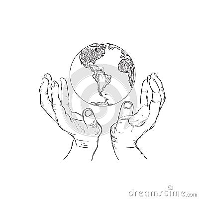 Hands holding planet, sketch style, vector illustration Vector Illustration