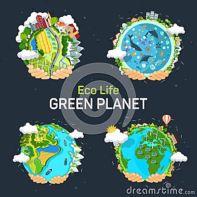 Hands holding planets with ocean and solar panels Vector Illustration