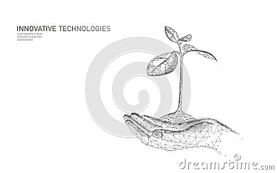 Hands holding plant sprout ecological abstract concept. 3D render seedling tree leaves. Save planet nature environment Vector Illustration