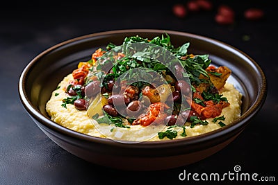 Hands holding polenta beans bowl. Generate ai Stock Photo