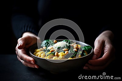 Hands holding polenta beans bowl. Generate ai Stock Photo