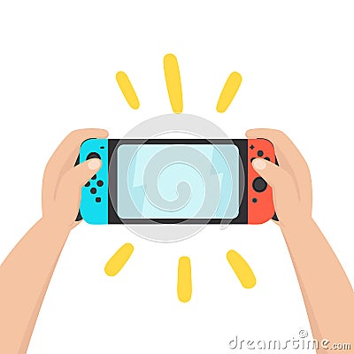 Hands holding portable console. Vector Illustration