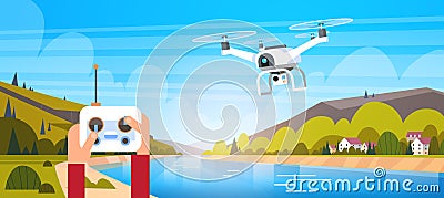 Hands Holding Remote Controller For Modern Drone Fly Over Beautiful Natural Background Vector Illustration