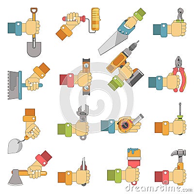 Hands holding repair carpentry work tools vector flat icons set Vector Illustration