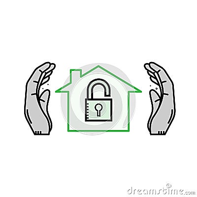 hands holding secured home and padlock line icon. Home protection icon concept. Insurance of real estate. Vector Illustration