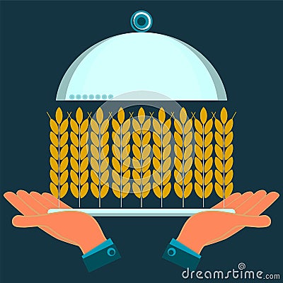 Hands holding a serving plate with ears of wheat. Vector Illustration