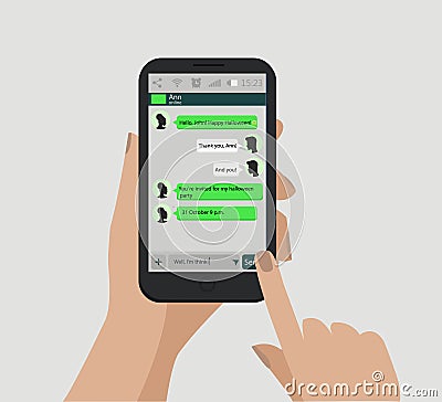 Hands holding smart phone. Social network concept. Vector. Messenger window. C Vector Illustration