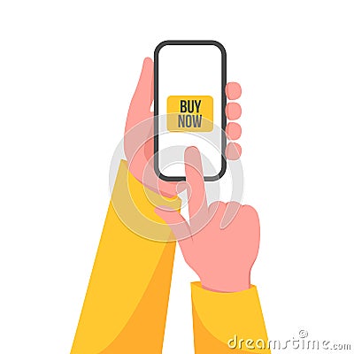 Hands holding smartphone with buy button. Vector illustration. Vector Illustration