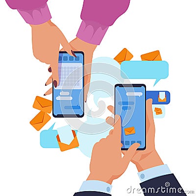 Hands holding smartphone. Cartoon text messaging and content sharing via phones concept. Vector communication app Vector Illustration