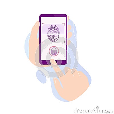 Hands holding phone with fingerprint scan Vector Illustration