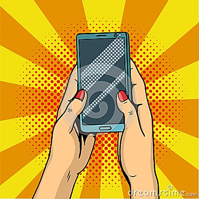 Hands holding smartphone pop art. Female hands hold a mobile phone. Illustration. Stock Photo