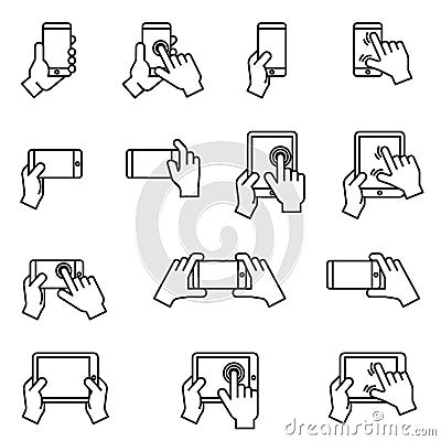 Hands holding smartphone and tablet icon set. Thin line style stock vector. Vector Illustration