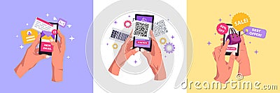 Hands holding smartphones checking sending mail shopping scanning barcodes 3 flat background compositions concept vector Vector Illustration