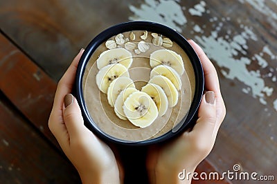 hands holding smoothie bowl, banana slices forming a heart on top Stock Photo