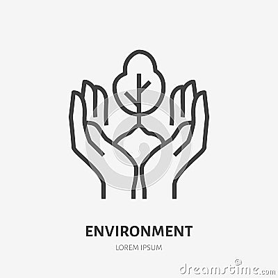 Hands holding soil with tree flat line icon. Vector thin sign of environment protection, ecology concept logo Vector Illustration