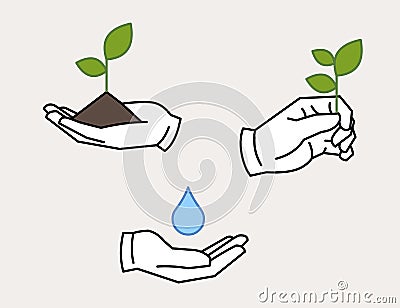 Hands holding sprout, leaf, saving water drop icon Vector Illustration