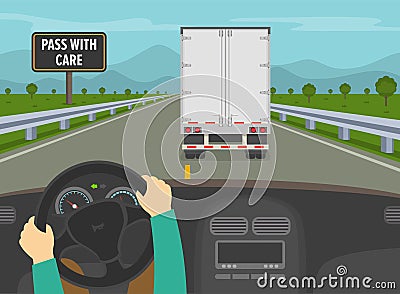 Hands holding a steering wheel. Driver overtaking a truck trailer on highway. Vector Illustration