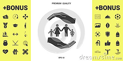 Hands holding a symbol of family. Family protect icon Vector Illustration