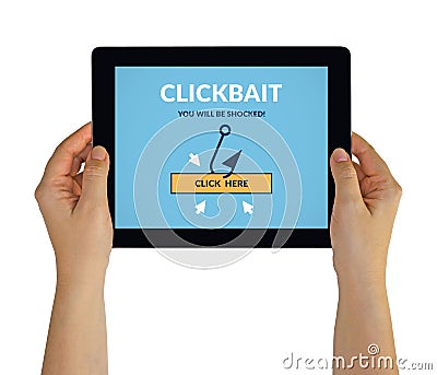 Hands holding tablet with clickbait concept on screen Stock Photo