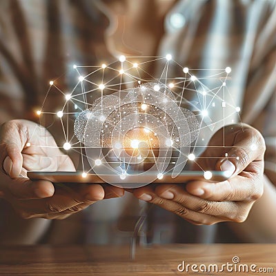 Hands Holding Tablet, Cloud Computing Concept, Technology, Network, Big Data, Global Communication Stock Photo