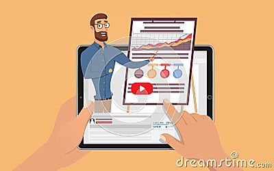 Hands holding tablet with hansome influencer business man. E Learning by the webinar training. Online education at Video Vector Illustration