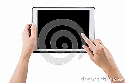 Hands holding tablet horizontal on white background. clipping pa Stock Photo