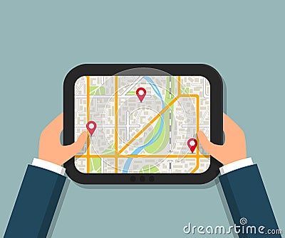 Hands holding tablet with online city map. Vector Illustration