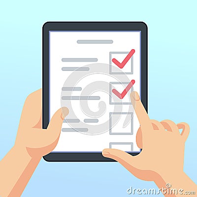 Hands holding tablet with online survey form, questionnaire. Mobile marketing feedback vector concept Vector Illustration
