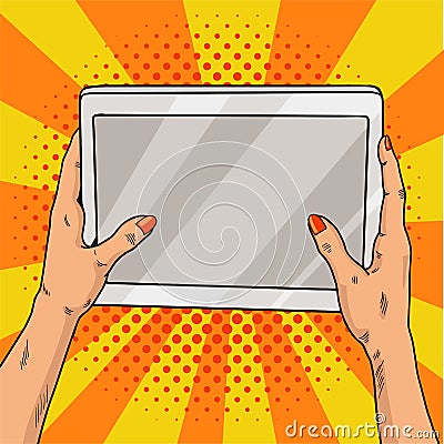 Hands holding a tablet pop art. Female hands with red manicure hold a laptop computer. Vintage pop art retro illustration. Cartoon Illustration