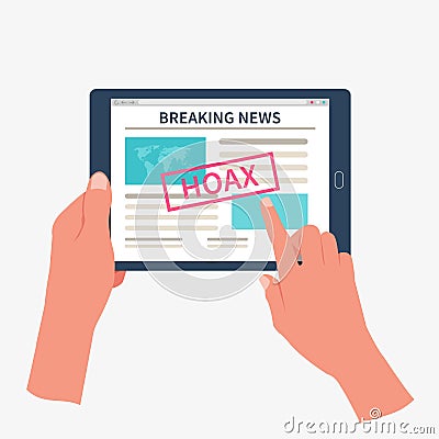 Hands holding tablet and reading fake breaking news. Propaganda, disinformation and hoax concept Vector Illustration