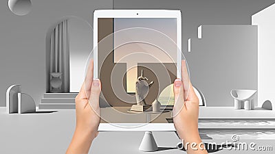 Hands holding tablet showing exterior terrace, archways, pools, total blank project background, augmented reality concept, Stock Photo