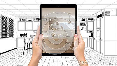 Hands holding tablet showing modern white and wooden kitchen. Blueprint CAD sketch background, augmented reality concept, Stock Photo