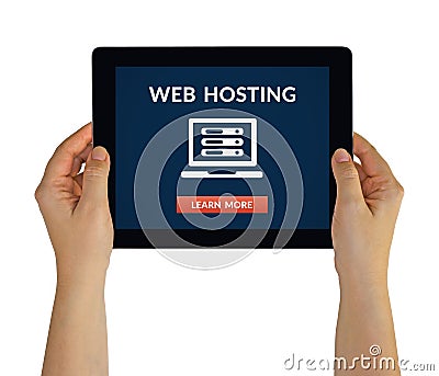 Hands holding tablet with web hosting concept on screen Stock Photo