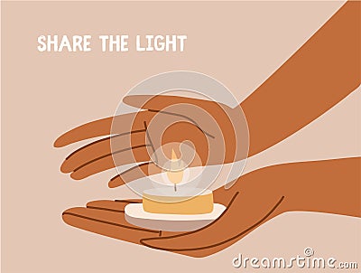 Hands holding tea candle isolated. Memorial canlde concept. Vector Illustration