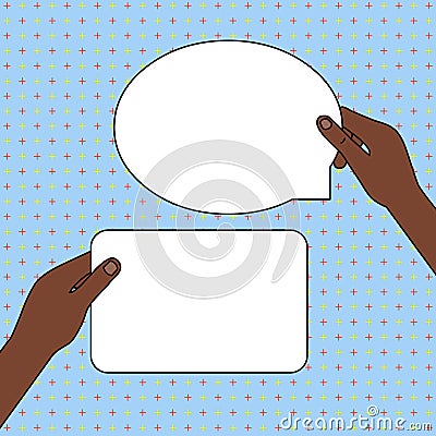 Hands Holding Two Empty Tablets One Rectangular in Left Hand Another in Form of Oval Speech Bubble in Right One Vector Illustration