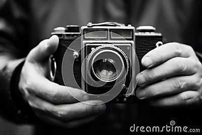 Hands holding vintage camera, black and white photo. Camera is made of metal and leather, with buttons and dials on it Stock Photo